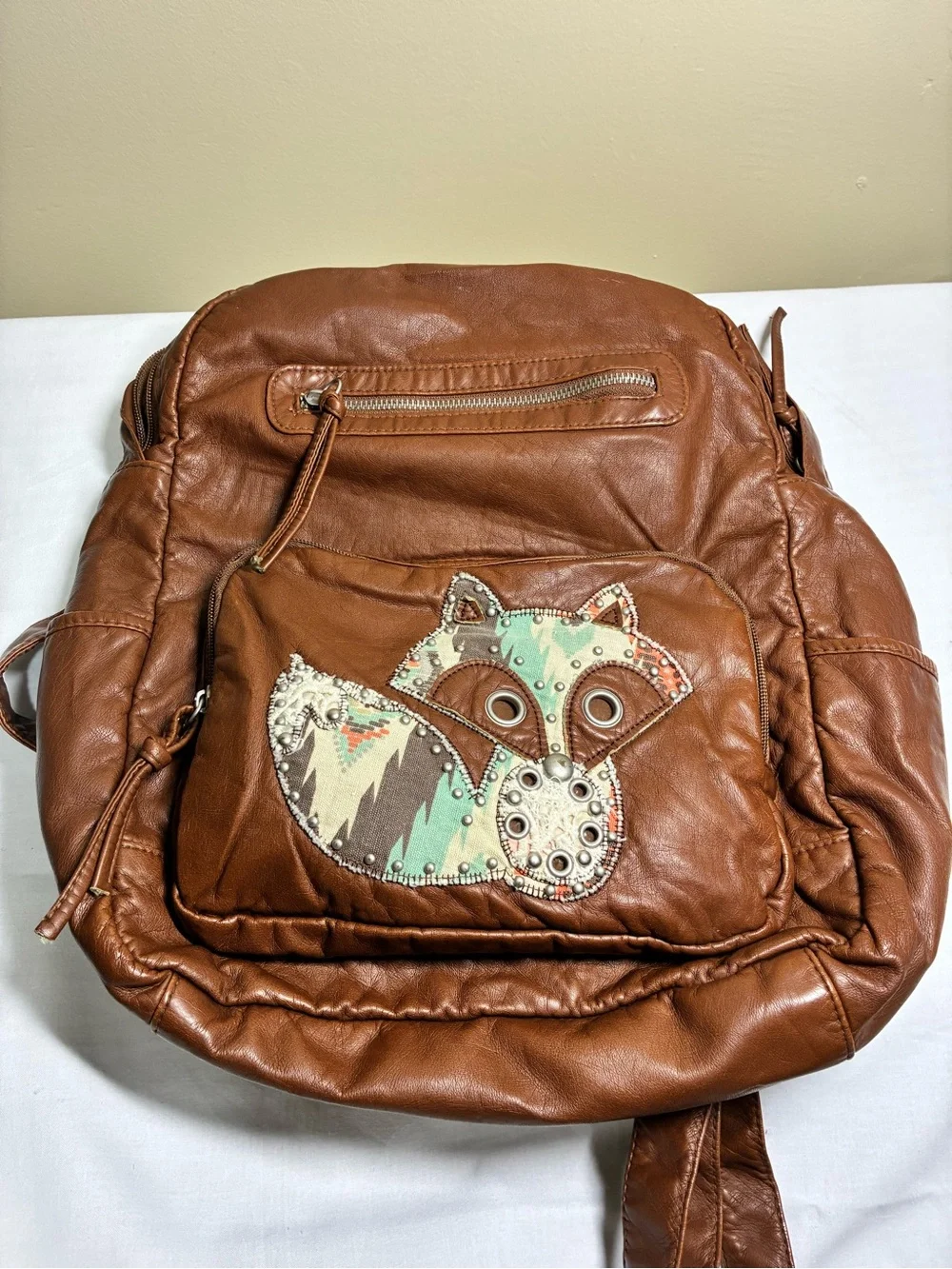 Vintage Y2K Mudd Brown Vegan Leather Fox Patch Backpack Bag Book Bag